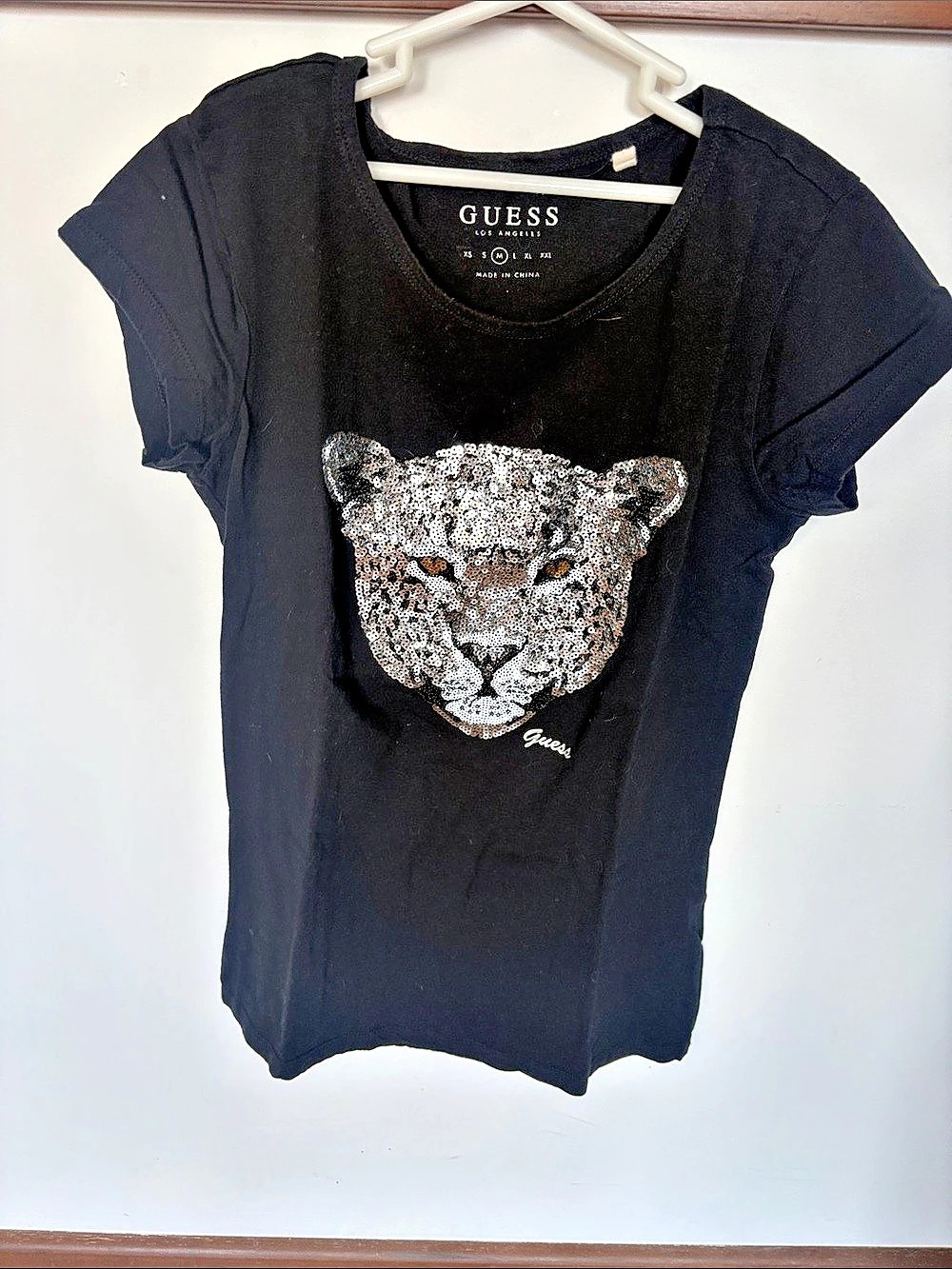GUESS Sequin Leopard Panther Graphic Tee Black & Silver Medium